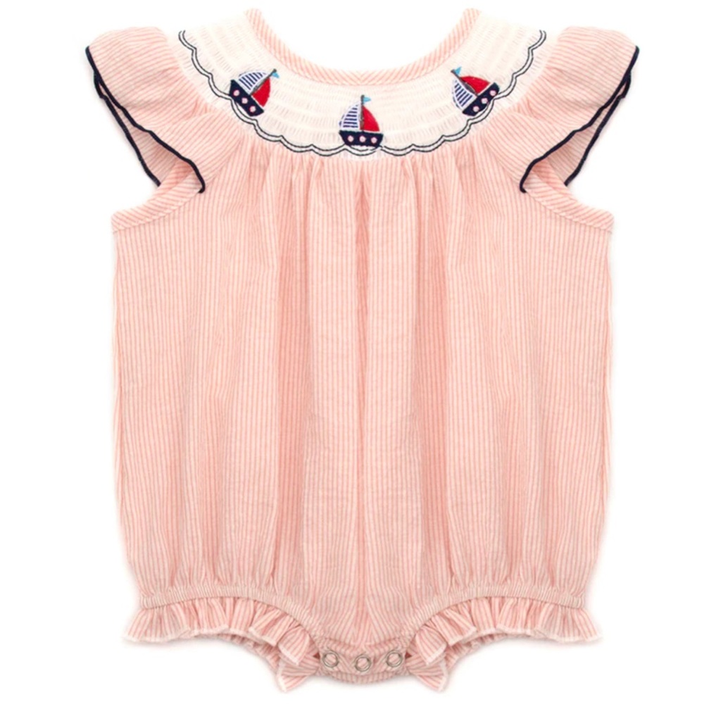 Honey Bean seersucker striped sailboat smocked bubble NWT